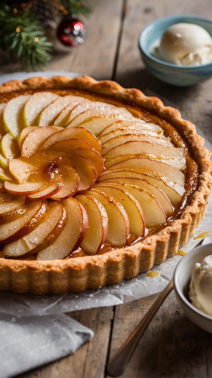 Tarte aux pommes sur une table en bois.