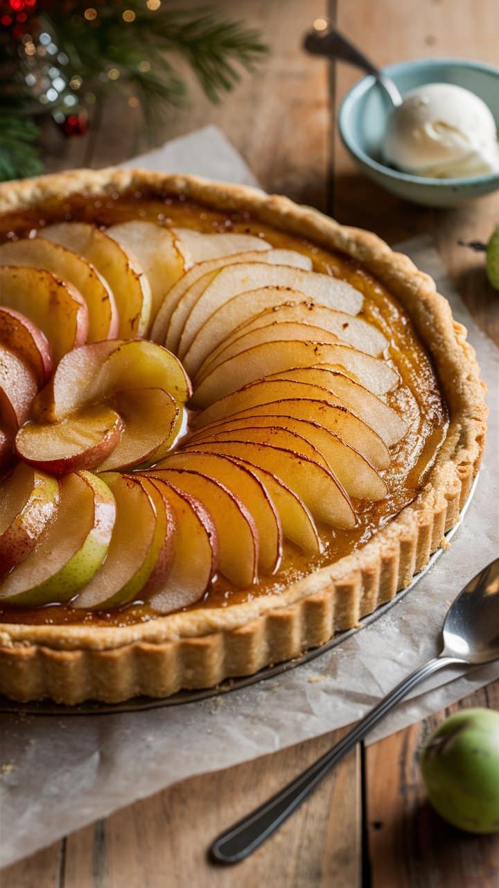 Tarte aux poires avec boule de glace.
