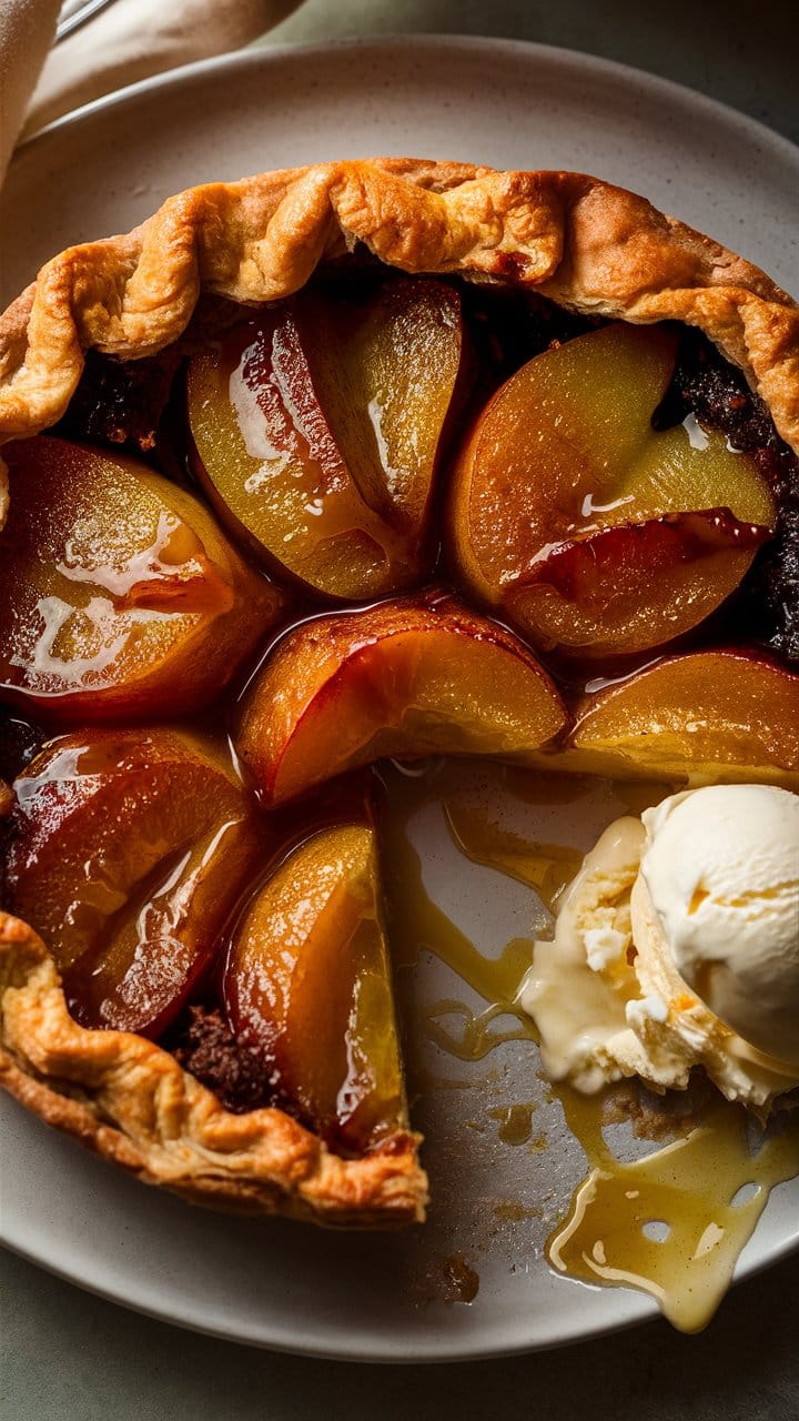 Tarte aux fruits et glace vanille, servie.