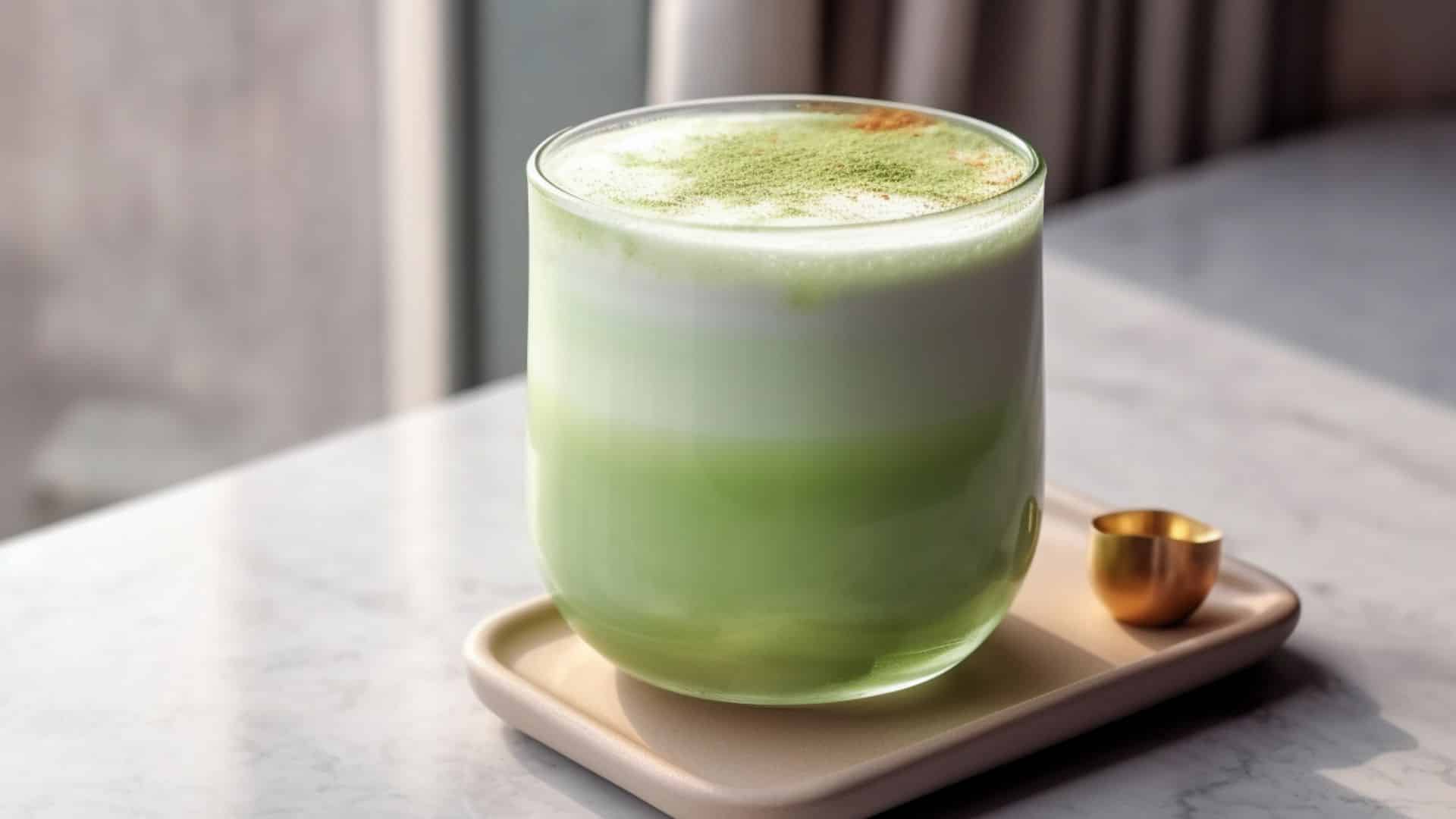 Latte au matcha sur table en marbre.