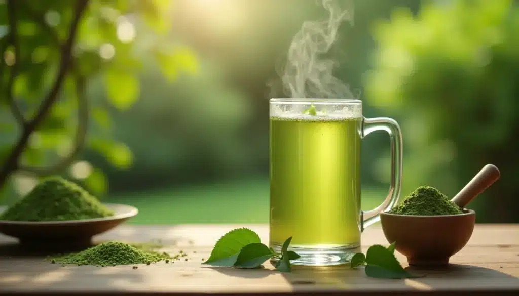 Thé vert matcha fumant avec poudre et feuilles.