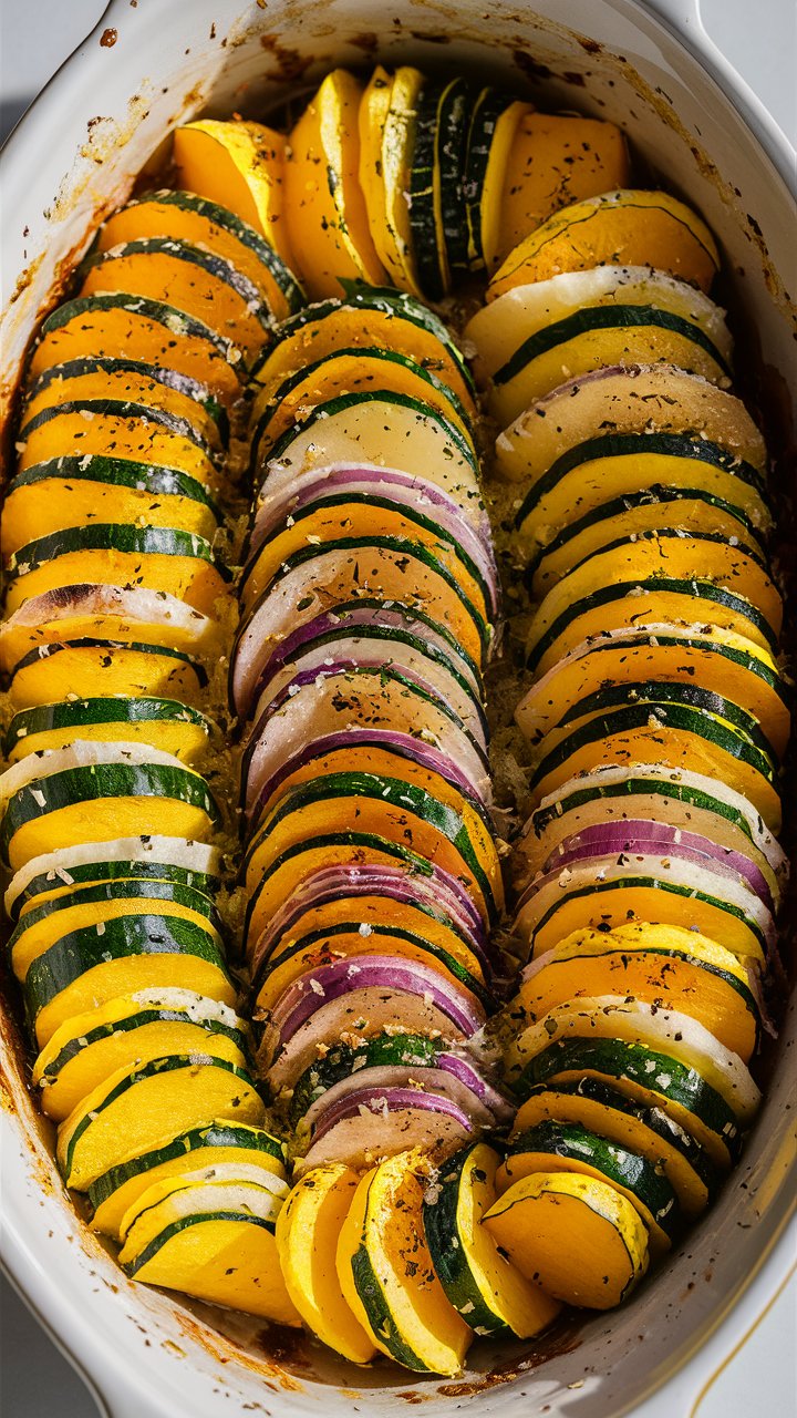 Plat de légumes rôtis colorés en tranches.