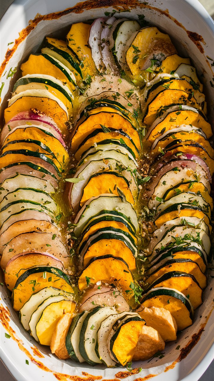 Plat de légumes gratinés colorés au four