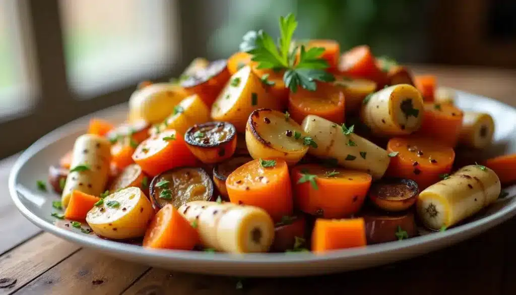 Assiette de légumes rôtis colorés et appétissants.