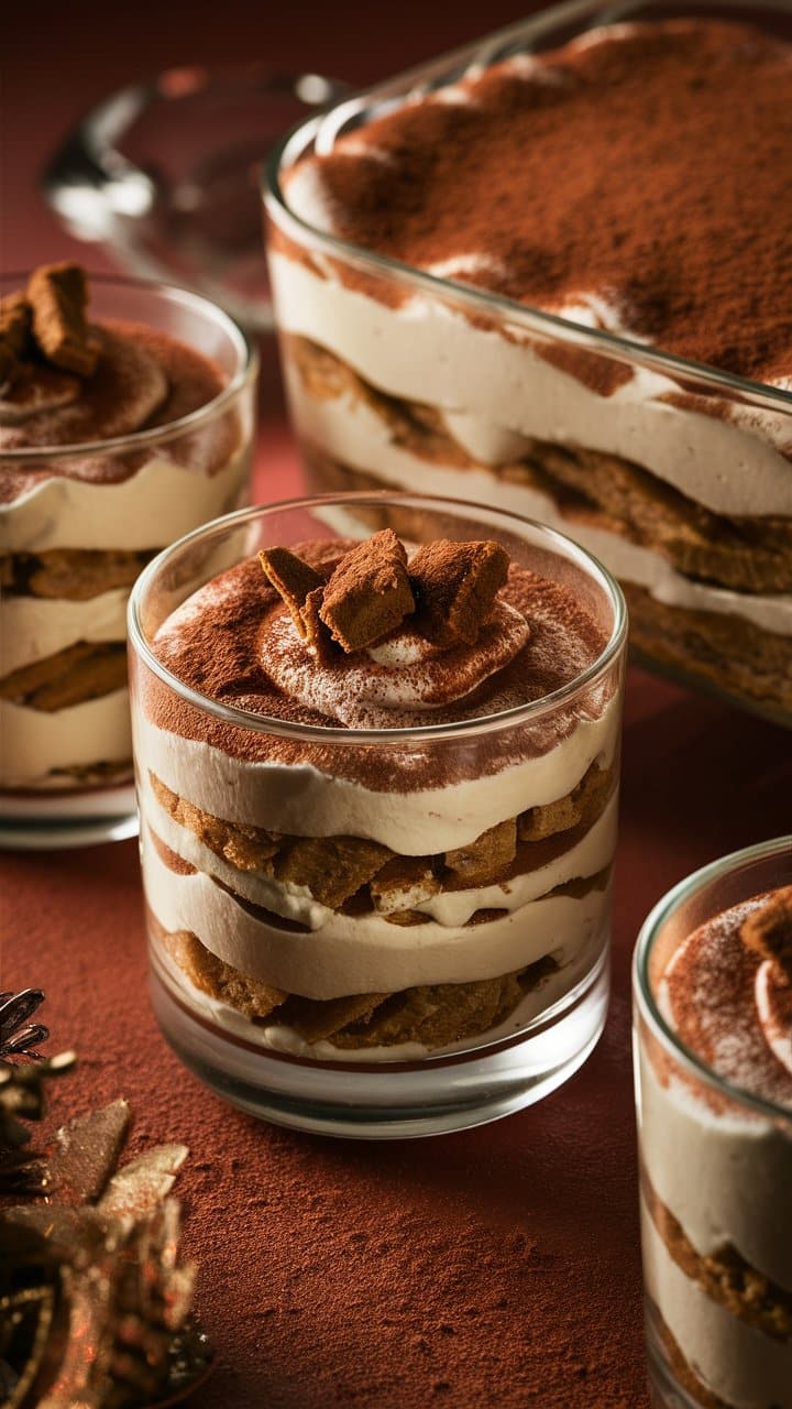 Desserts tiramisu en verrines, décorés de cacao.