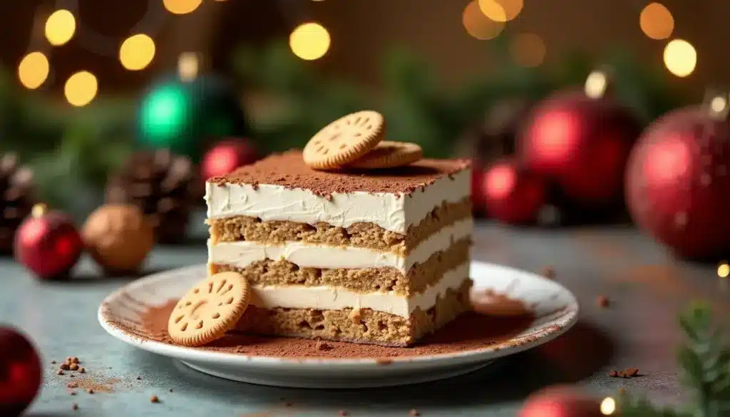 Tiramisu de Noël avec décorations festives.
