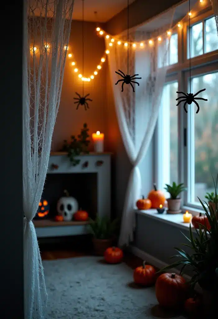 Décoration intérieure d'Halloween avec citrouilles et araignées.