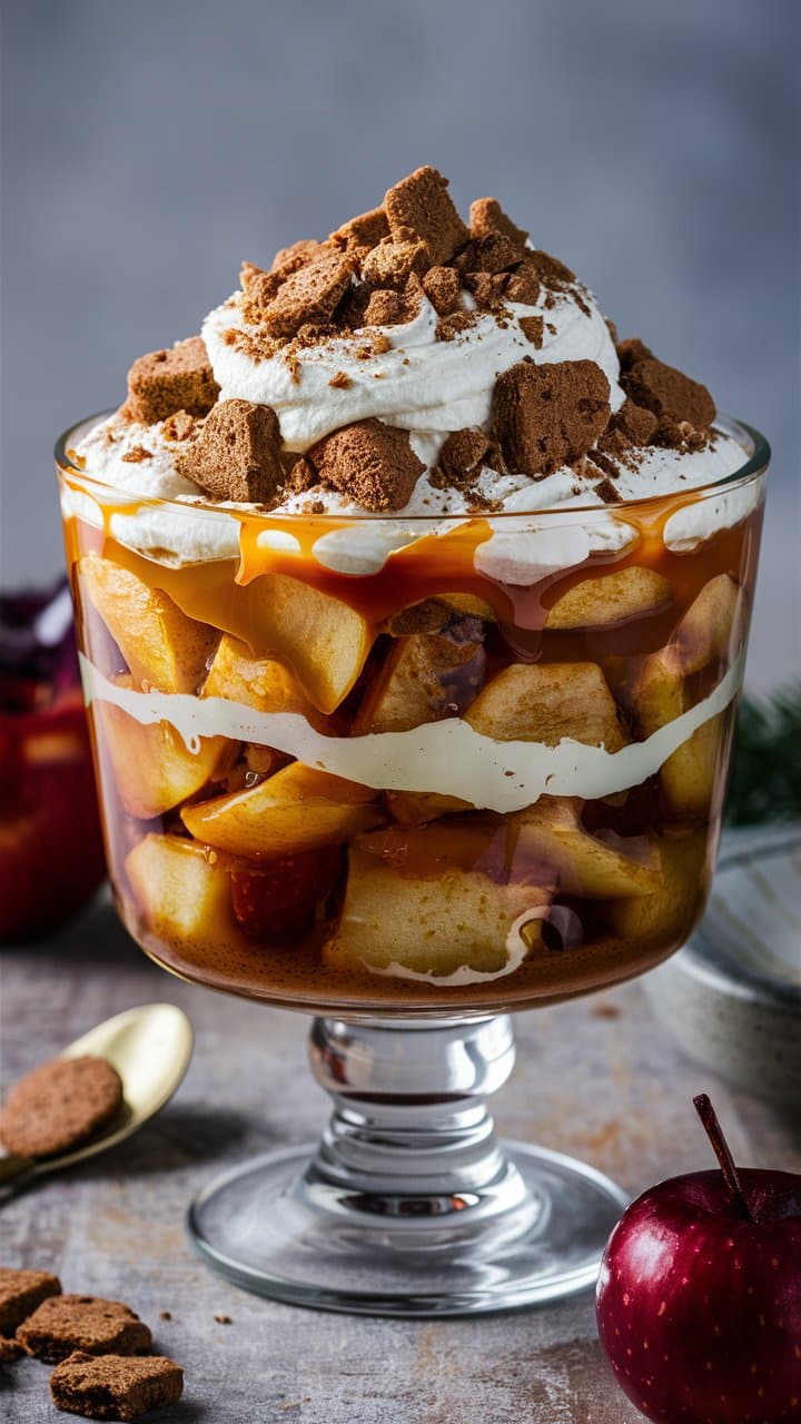 Trifle pommes caramel avec crème et biscuits, dessert élégant.