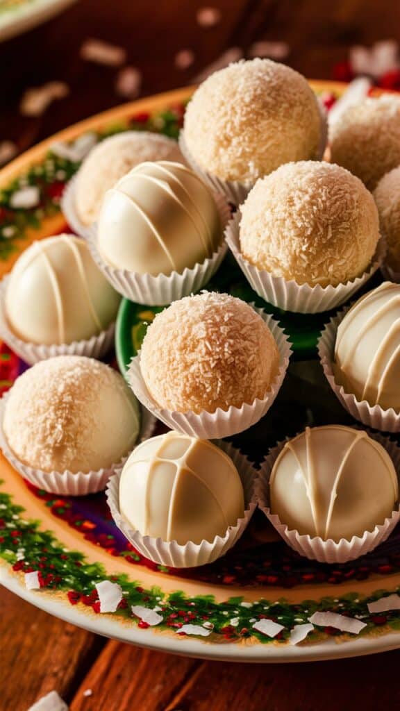 Assortiment de chocolats blancs sur une assiette décorative.