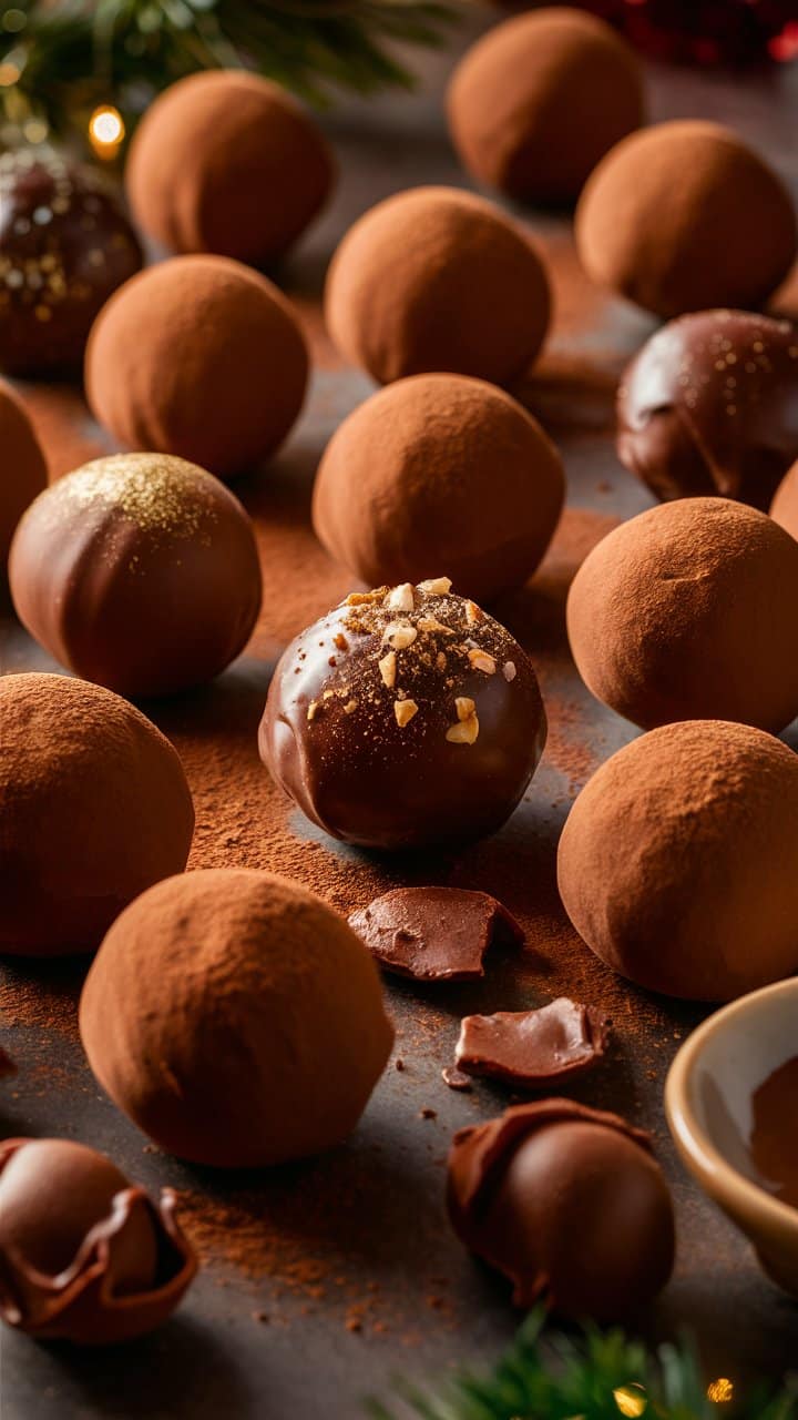 Truffes chocolat sur table avec poudre de cacao.