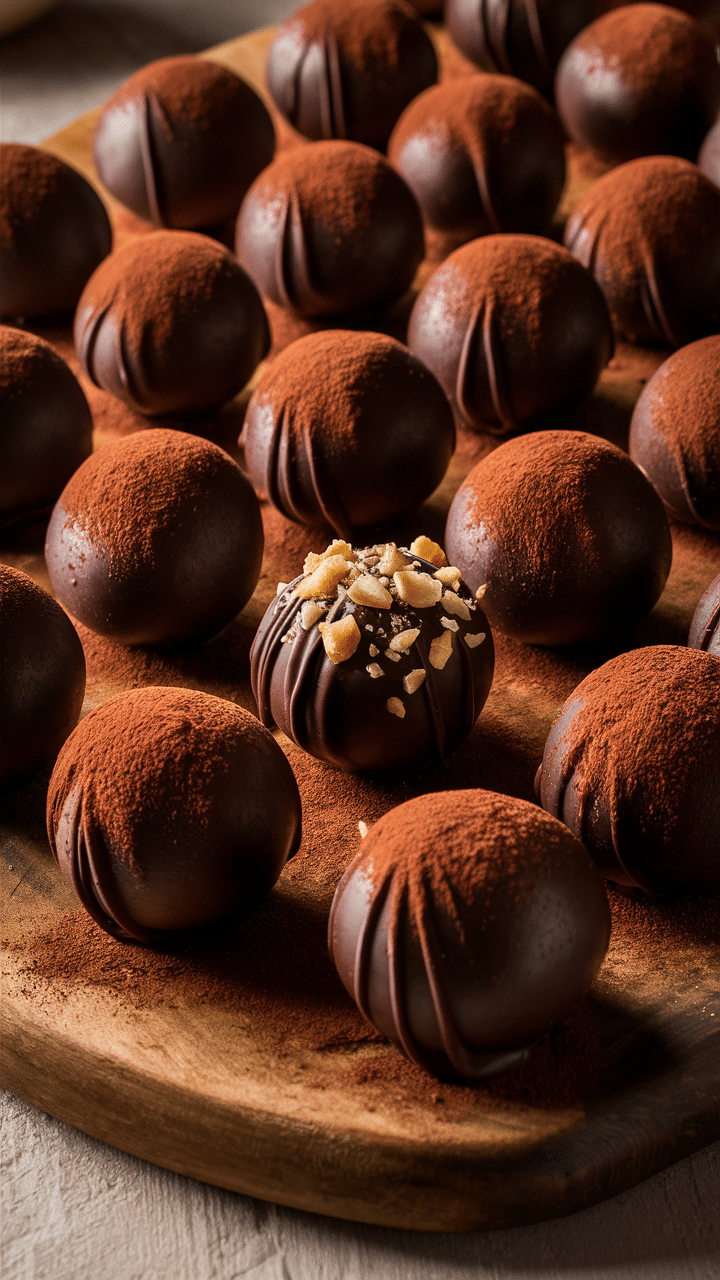 Truffes chocolatées saupoudrées de cacao et noisettes.