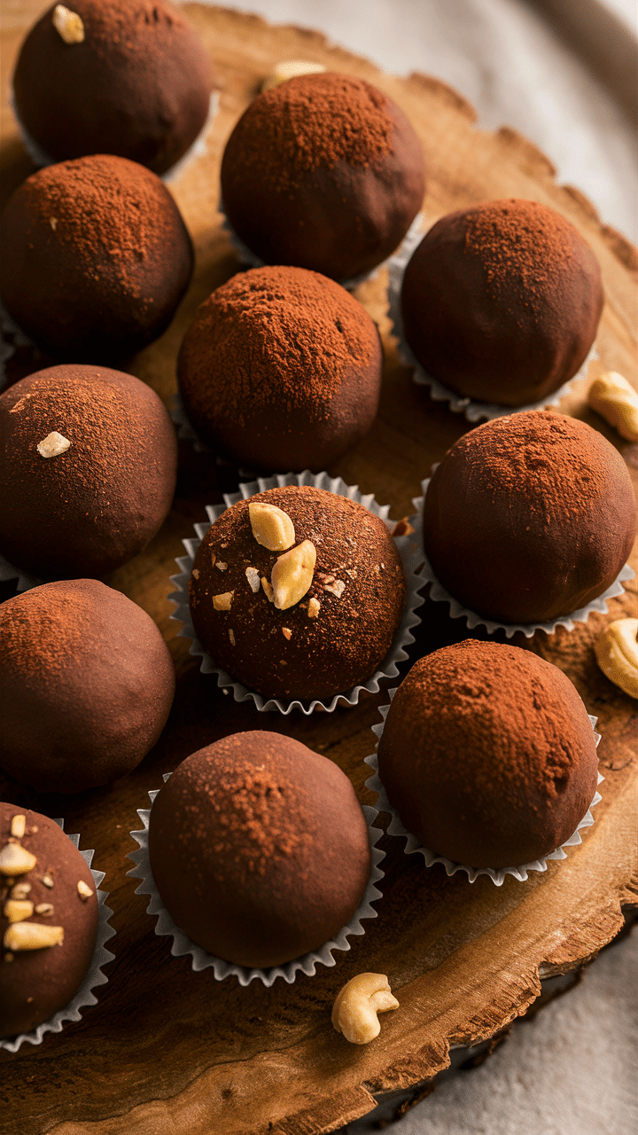 Truffes au chocolat sur plateau en bois