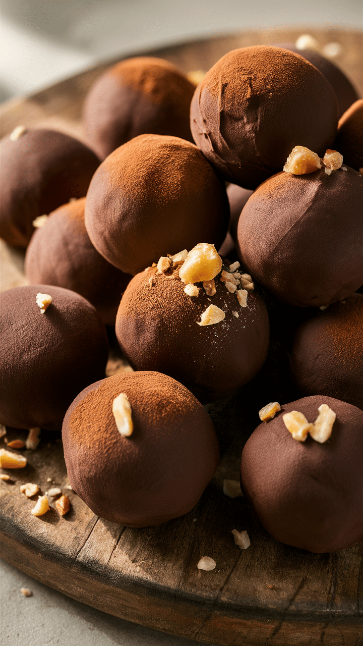 Truffes au chocolat saupoudrées de cacao et noisettes.