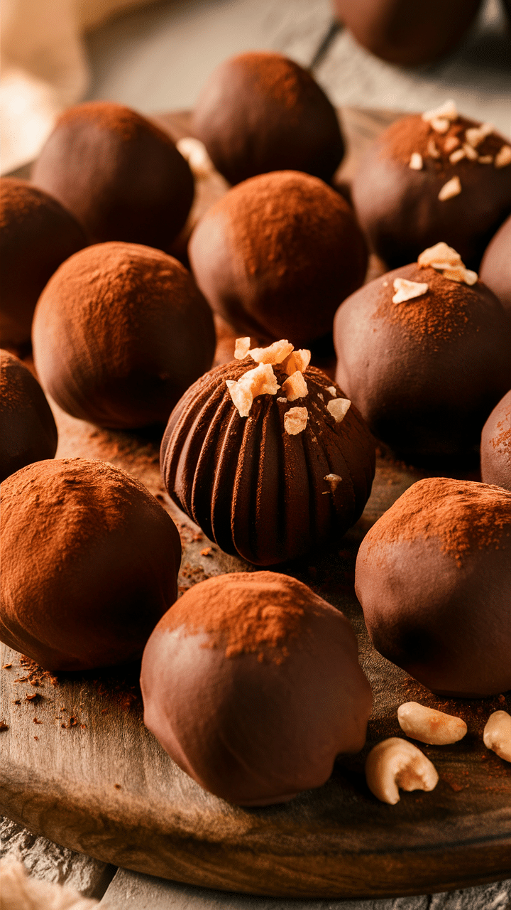 Truffes en chocolat sur une planche en bois.