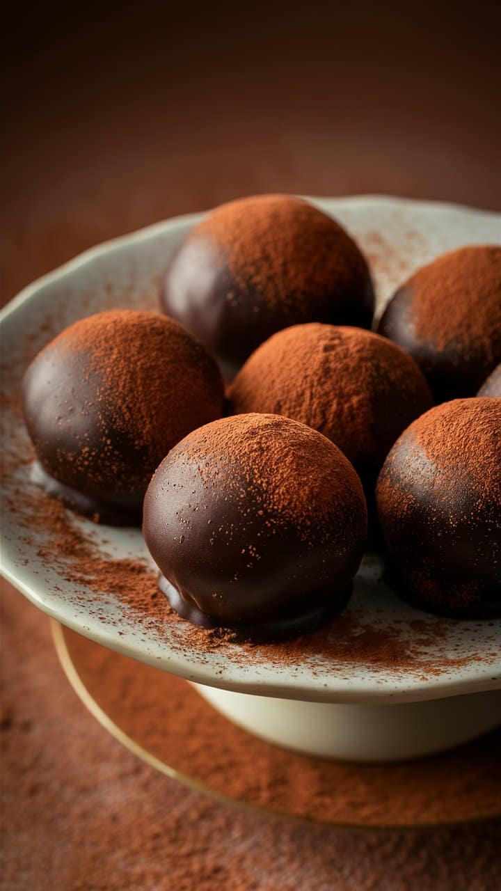 Truffes au chocolat saupoudrées de cacao sur assiette.