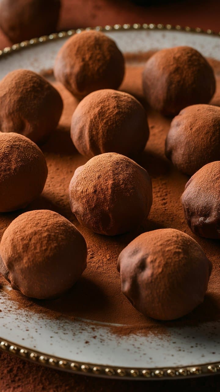 Truffes au chocolat sur assiette blanche.