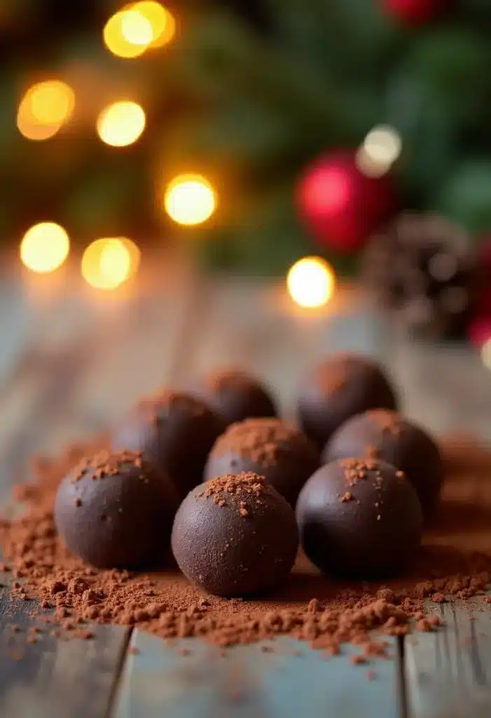 Truffes au chocolat sur fond de Noël lumineux.