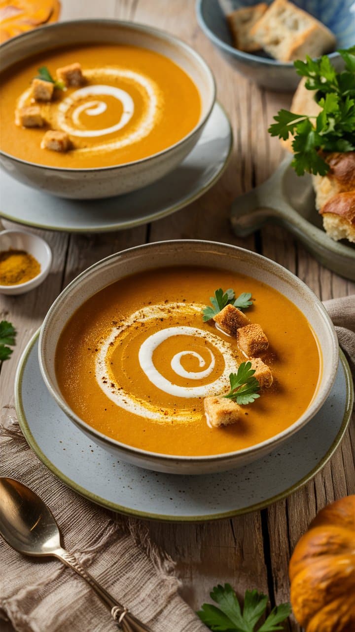Soupe de potiron avec croûtons et crème.