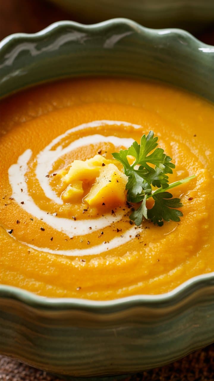 Soupe de potiron avec crème et persil.