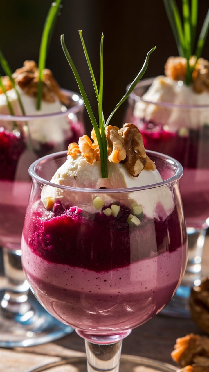 Verrine mousse betterave chèvre et noix décorée.