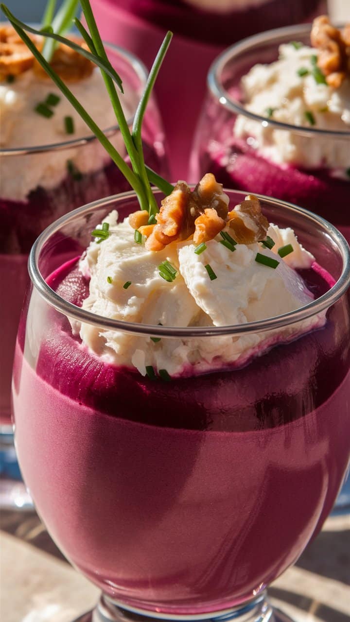 Verres de mousse betterave et fromage frais, noix.