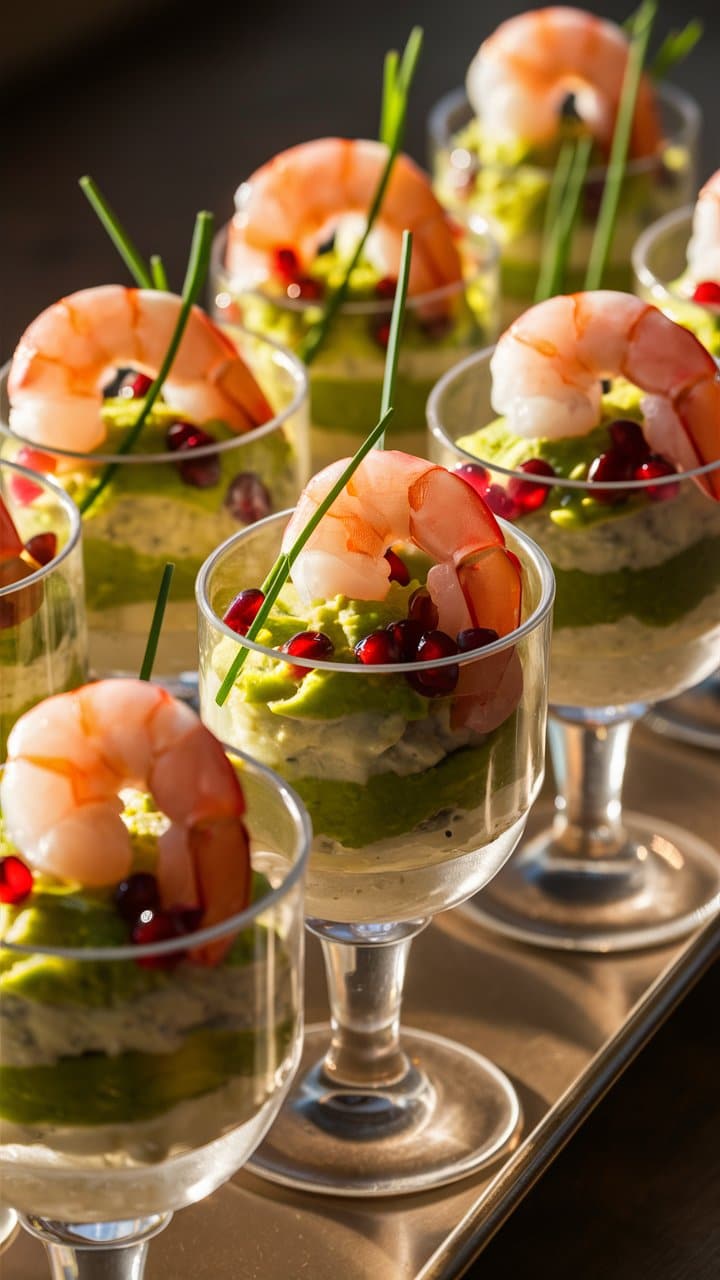 Verrines aux crevettes et purée d'avocat.