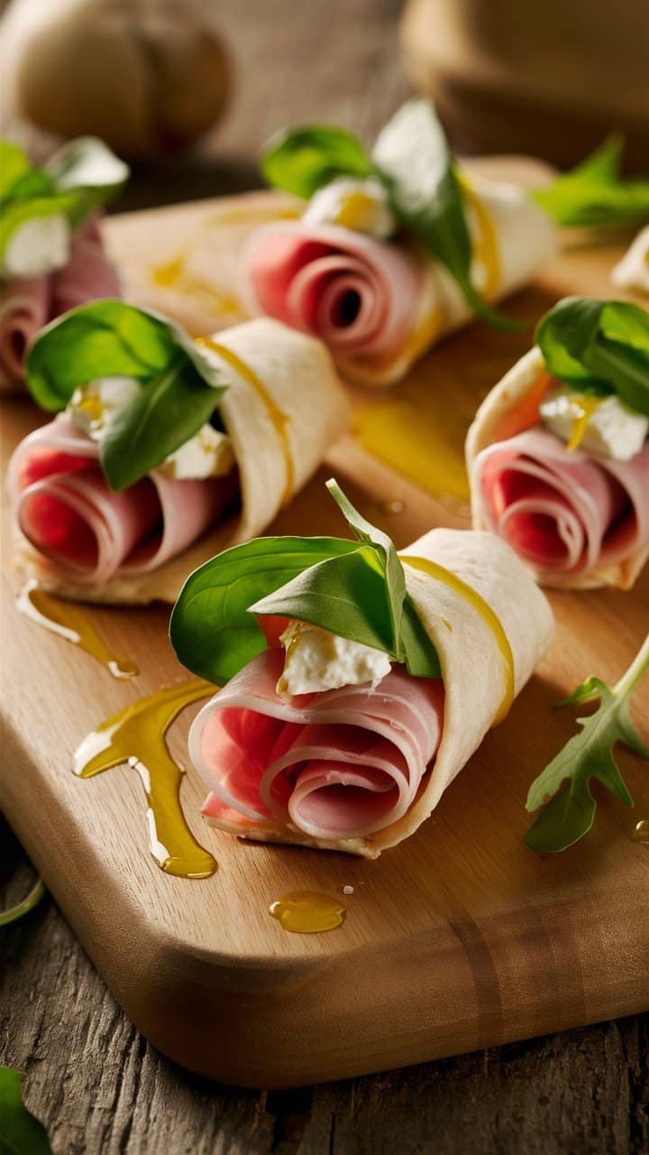 Roulés jambon fromage basilic sur planche bois.