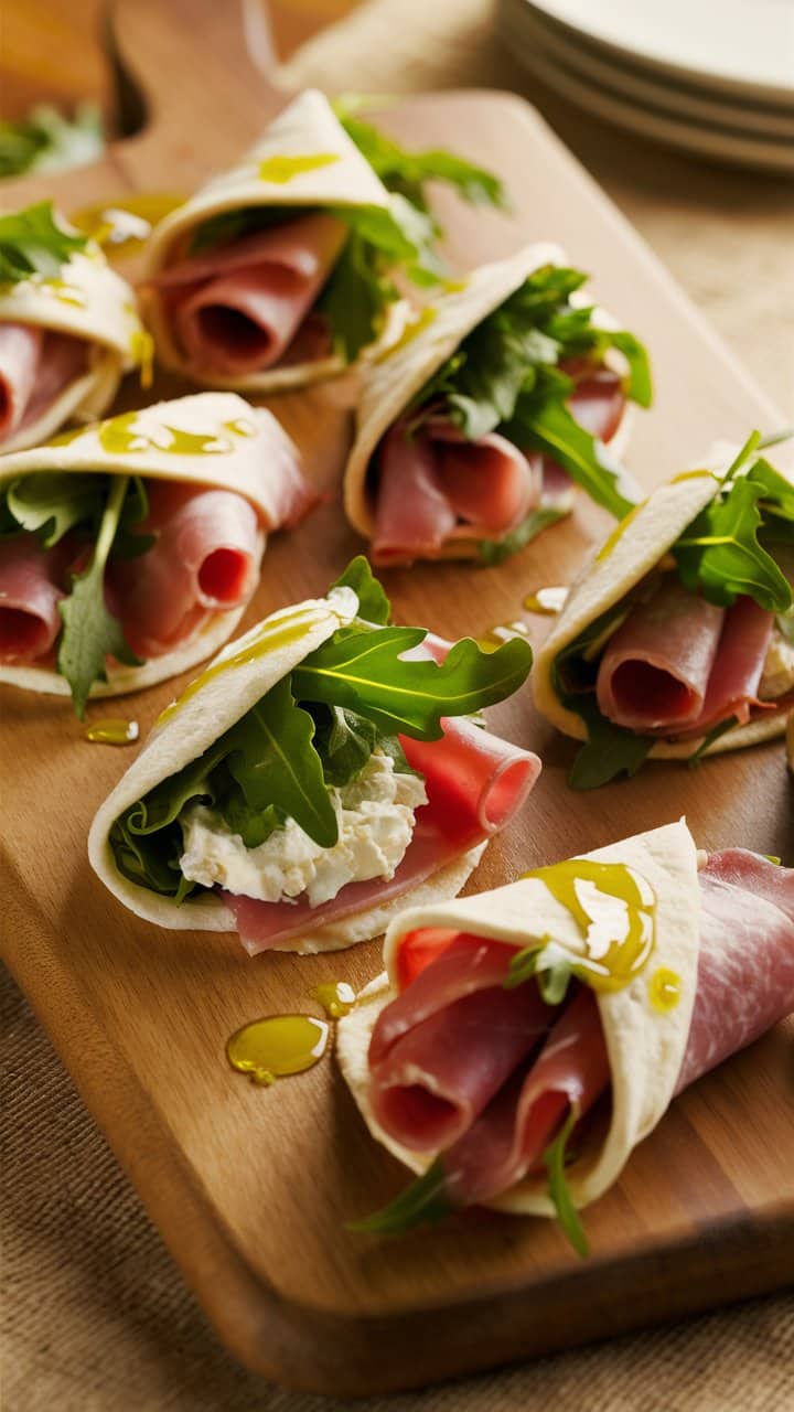 Wraps au jambon, roquette et fromage frais.