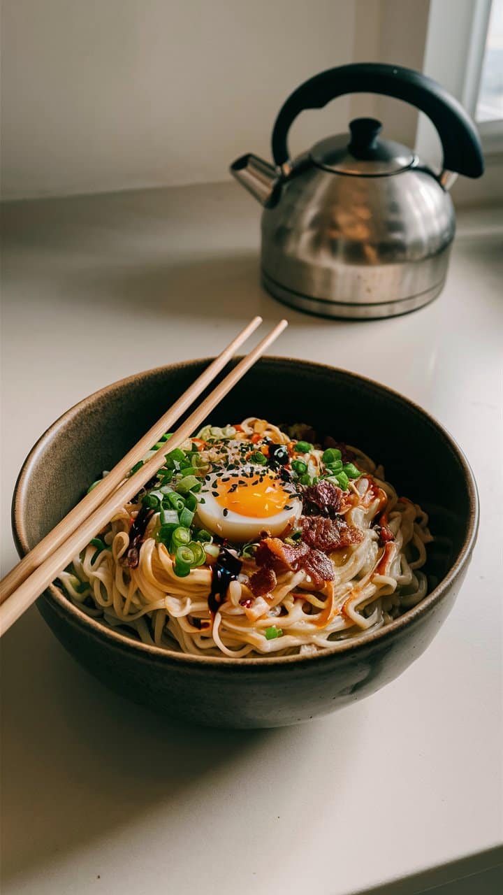 Bol de nouilles avec œuf et bacon