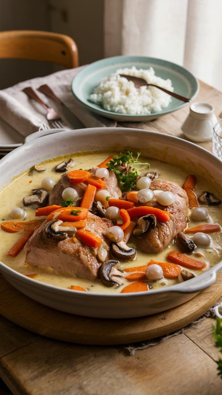 Blanquette de veau aux légumes dans un plat.