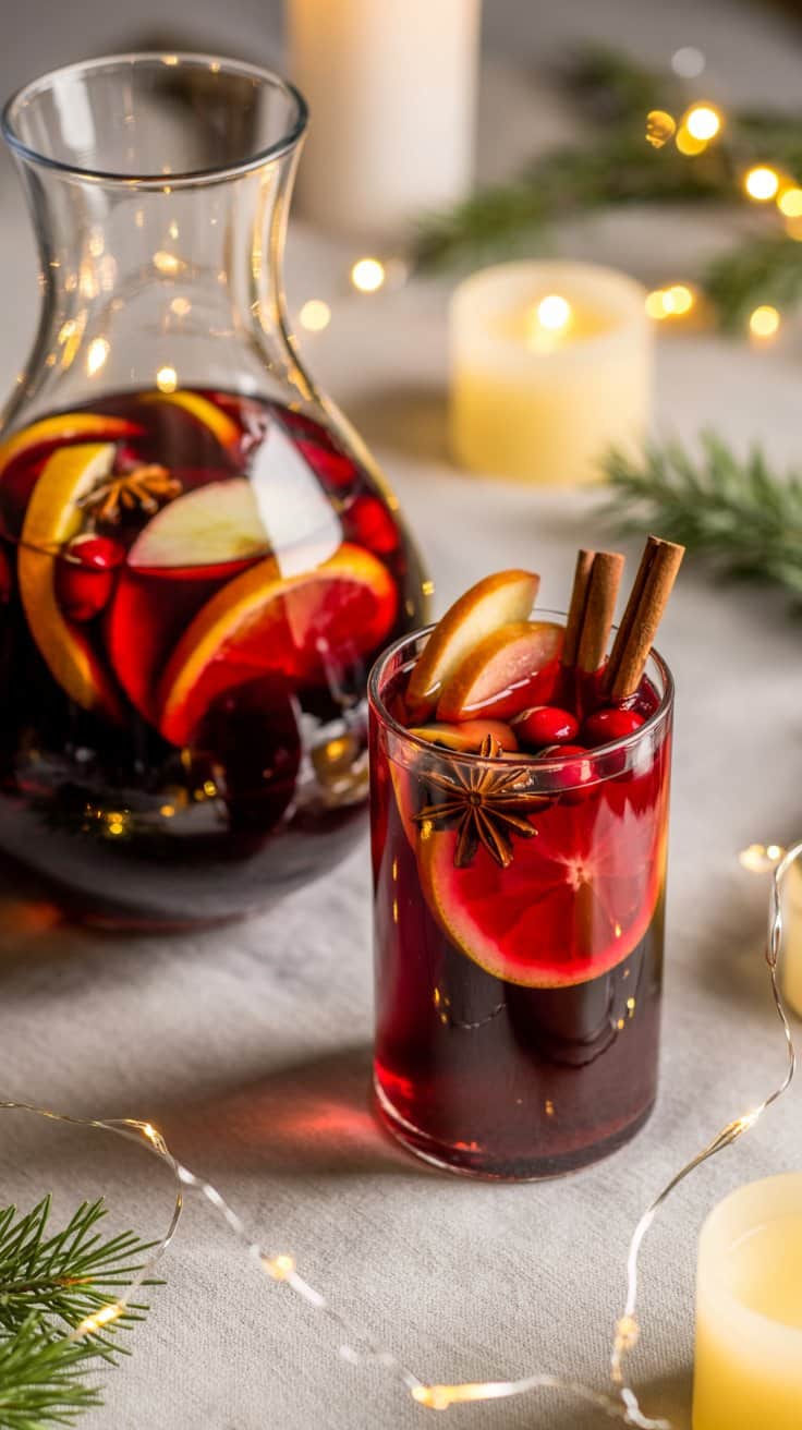 Verre et carafe de vin chaud décorés.