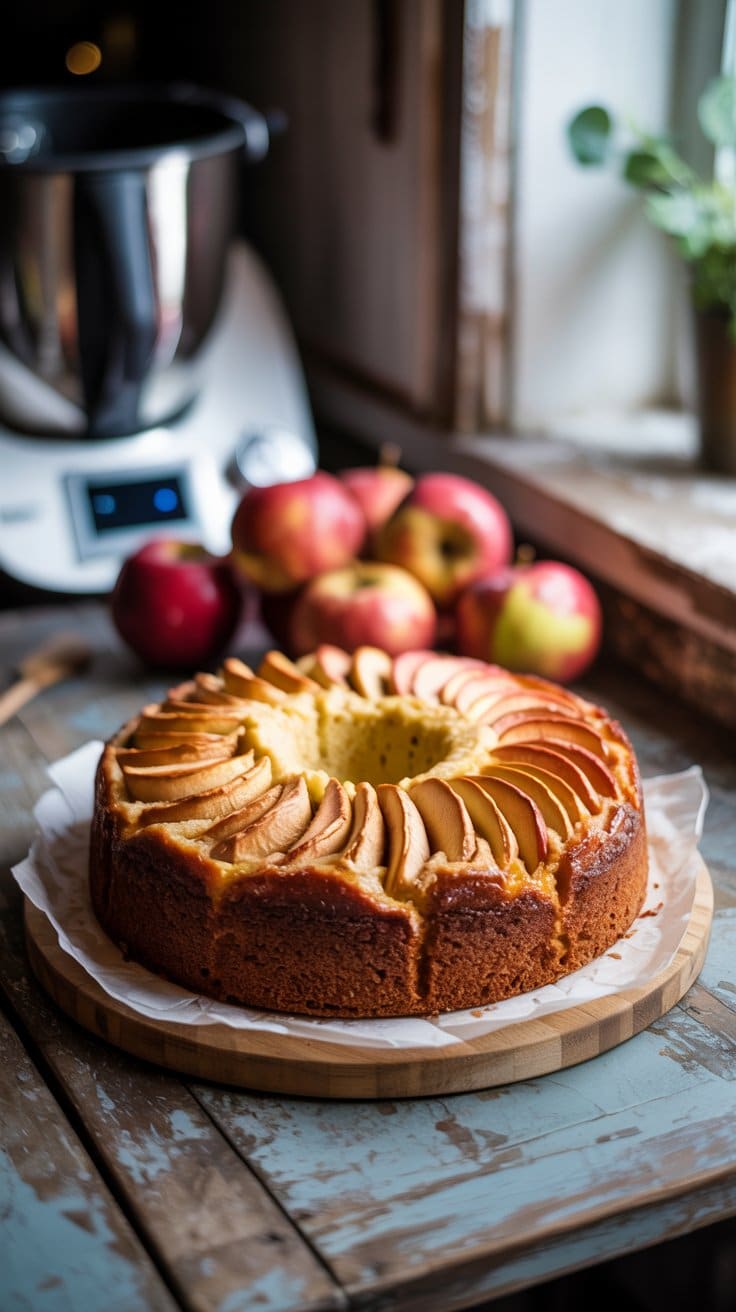 Gâteau aux pommes sur une table en bois.