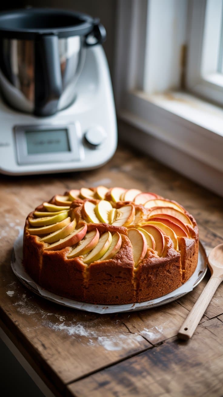 Gâteau aux pommes sur table en bois, près du robot.