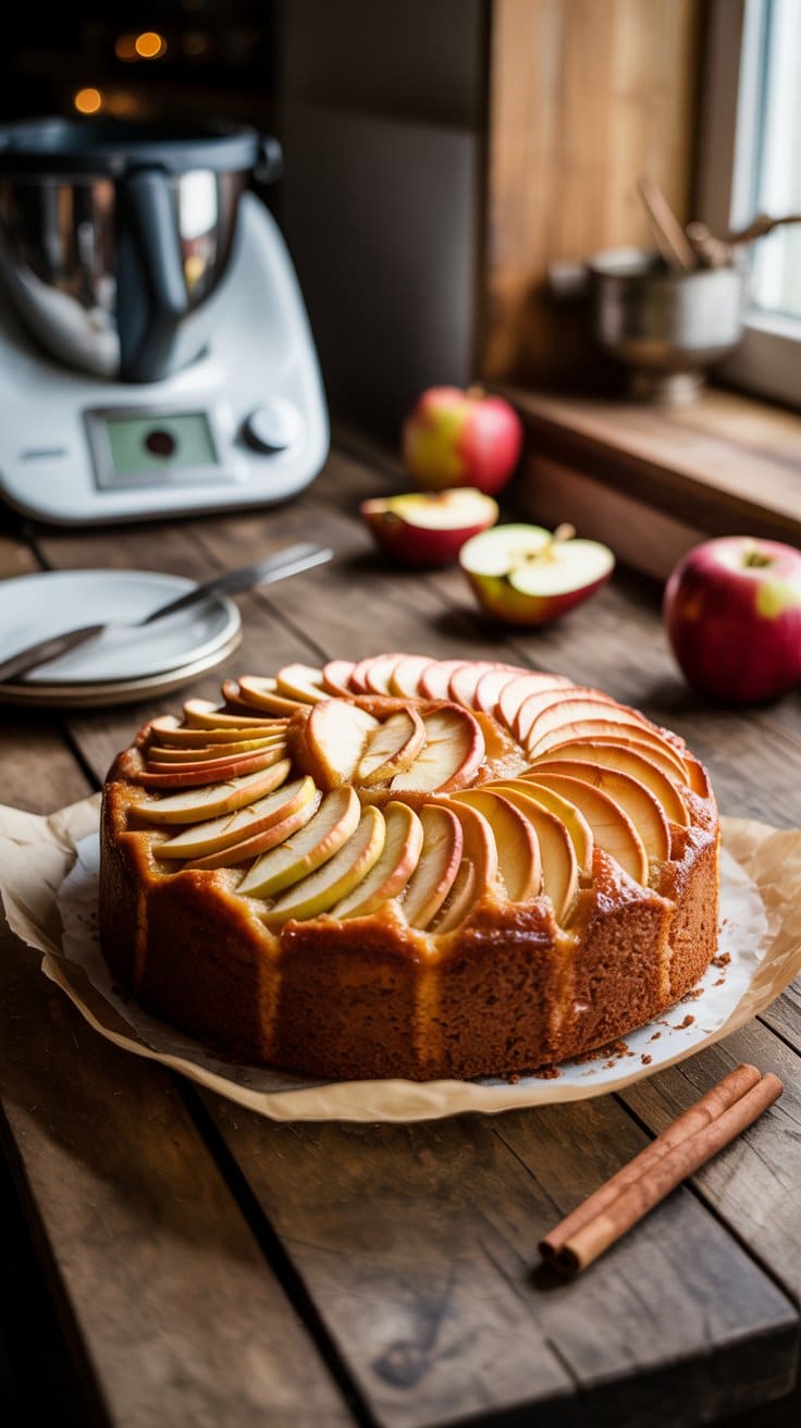 Gâteau aux pommes sur table en bois avec Thermomix.