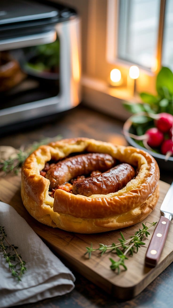 Tourte saucisse britannique sur planche en bois.