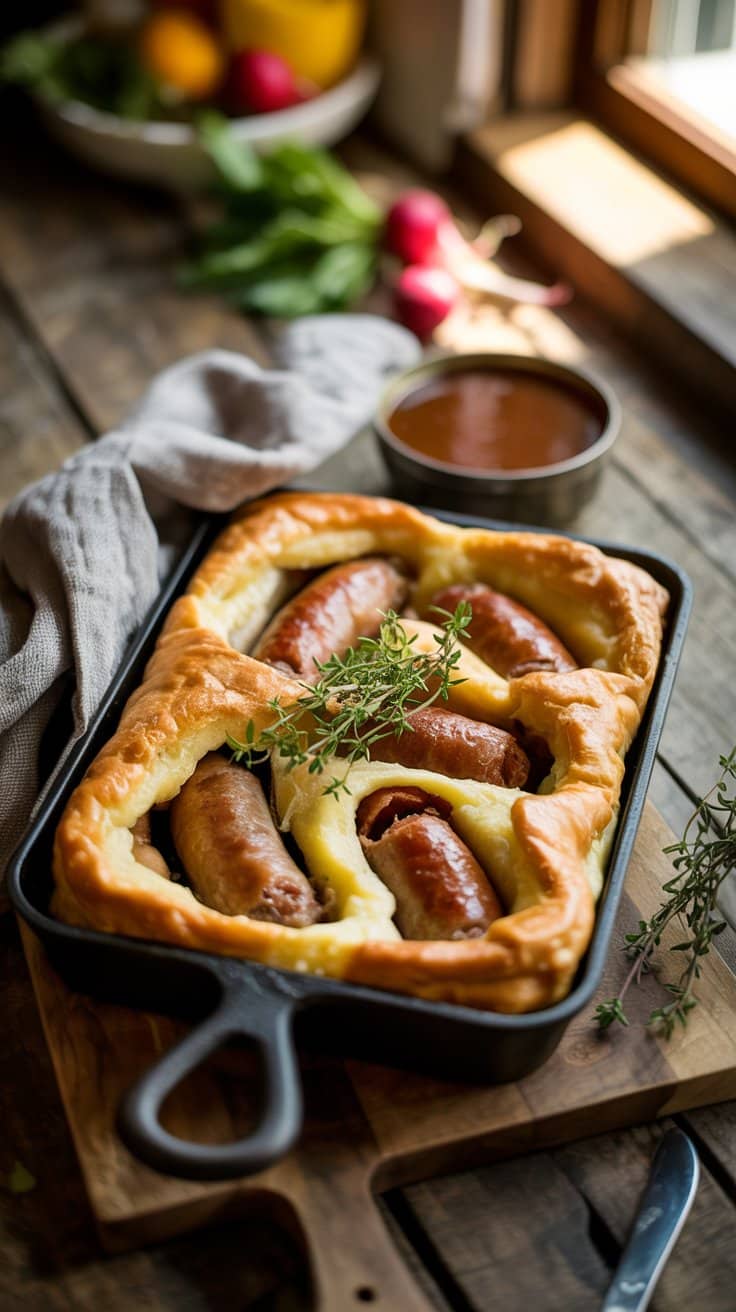 Plat de saucisses en croûte avec sauce.