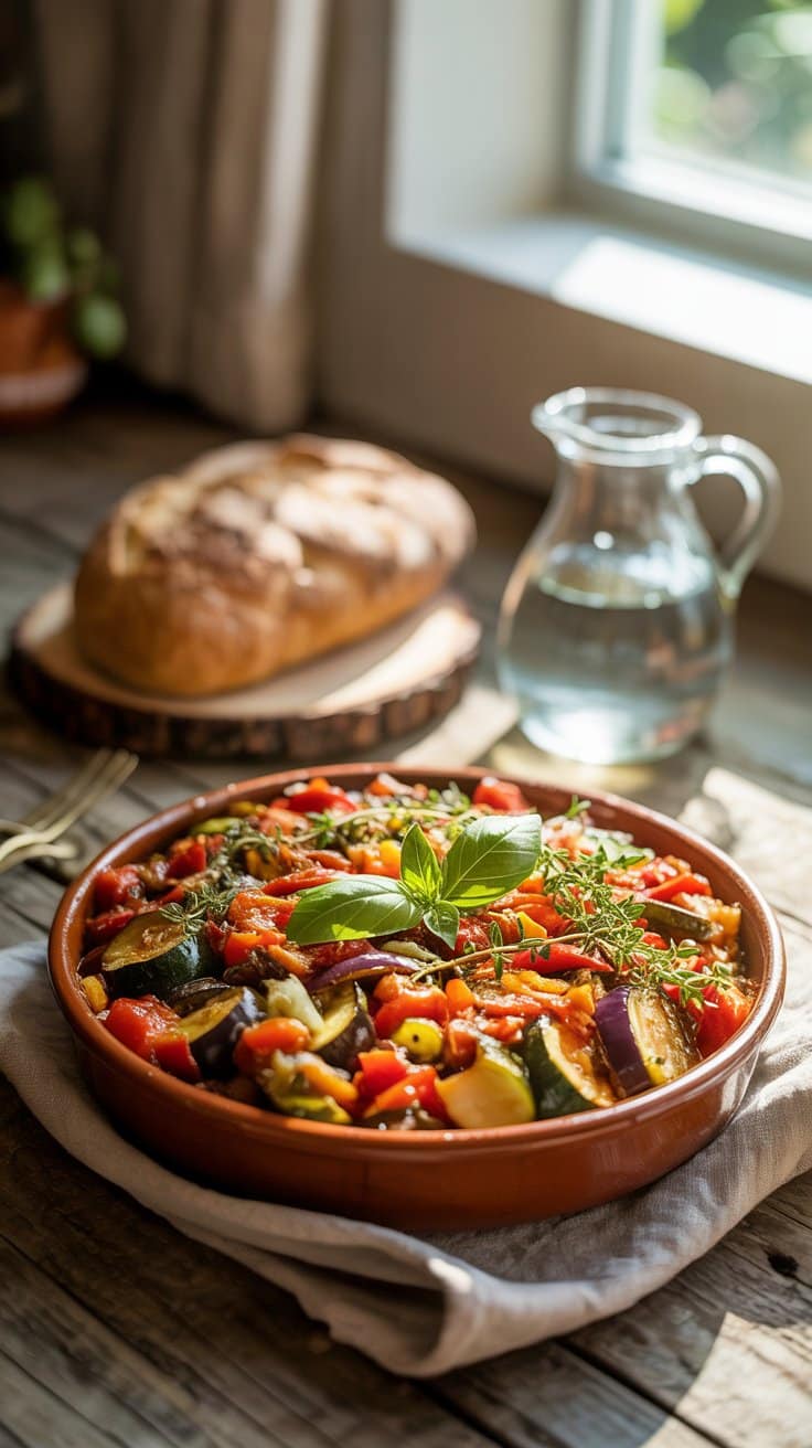 Plat de ratatouille avec pain et carafe d'eau.