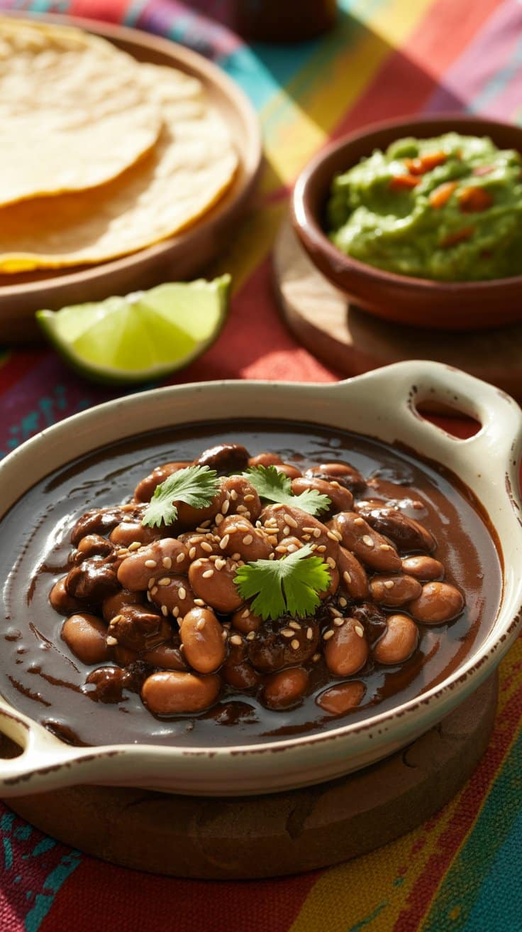 Bol de haricots en sauce avec tortilla et guacamole.