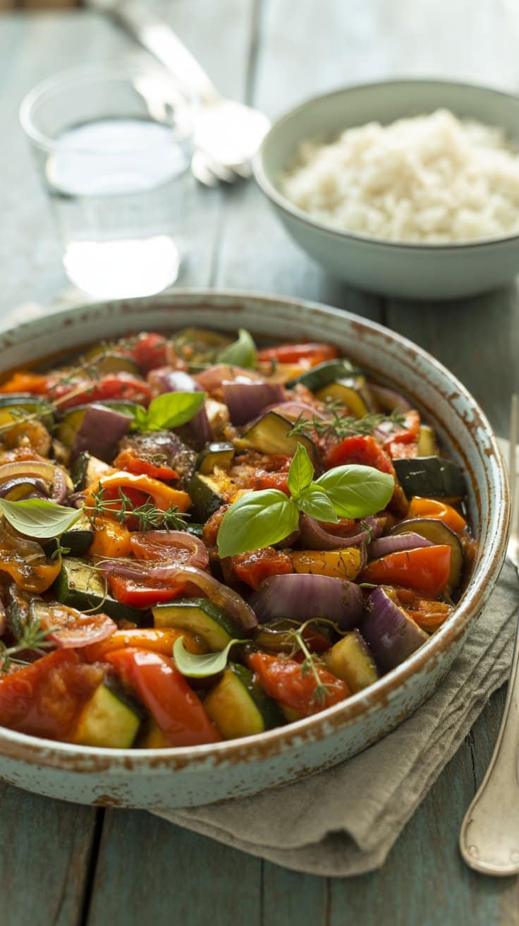 Plat de ratatouille sur table avec riz.