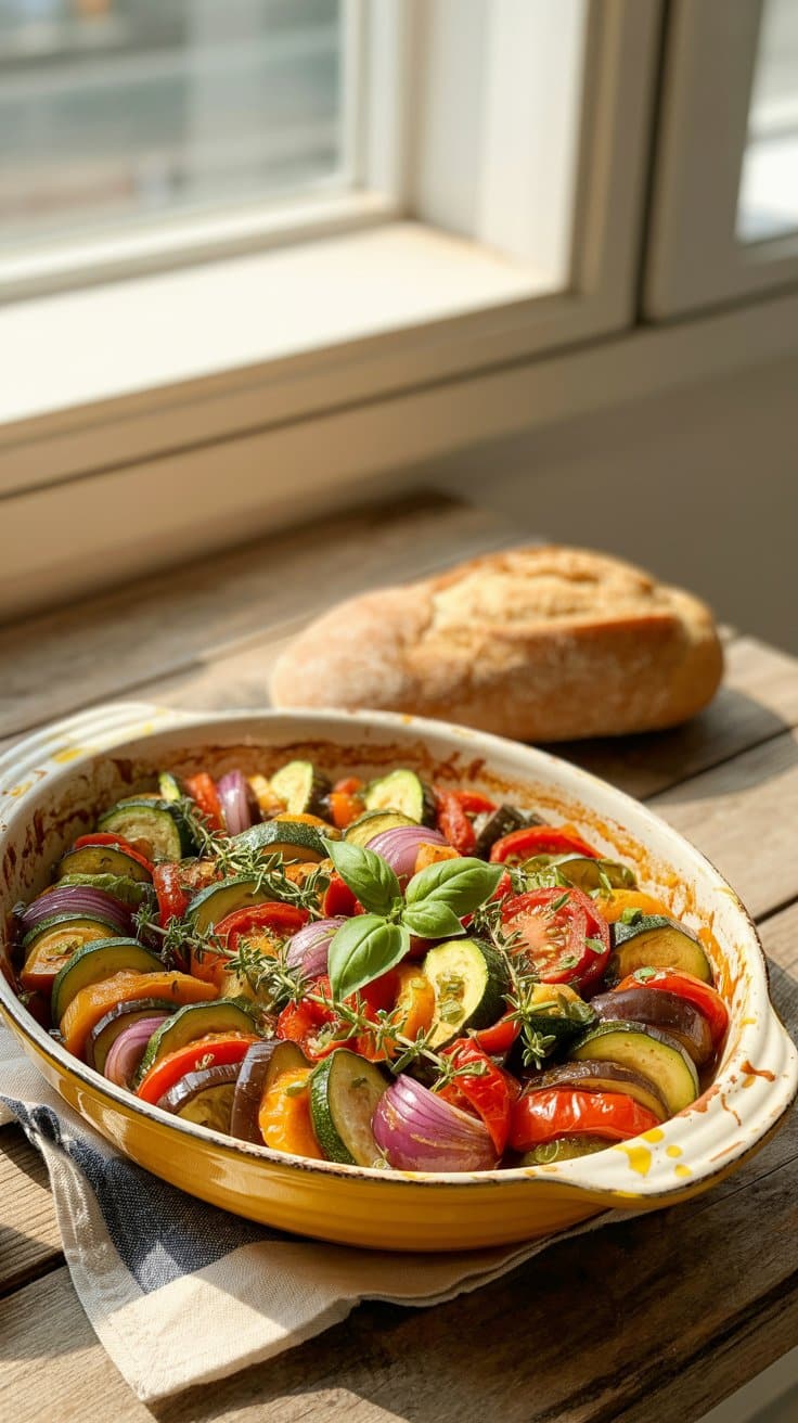 Ratatouille et pain sur table ensoleillée.