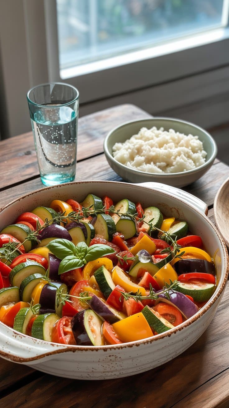 Plat de ratatouille et riz blanc
