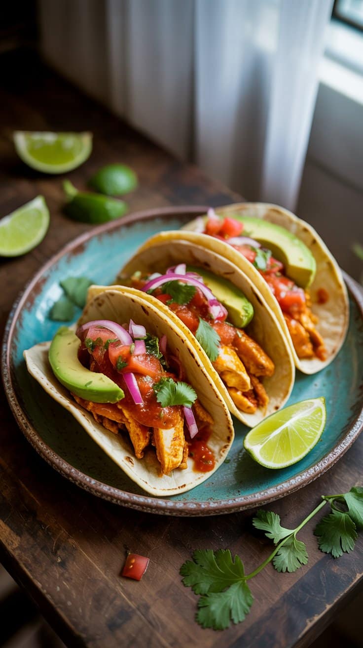 Tacos au poulet avec avocat et coriandre.