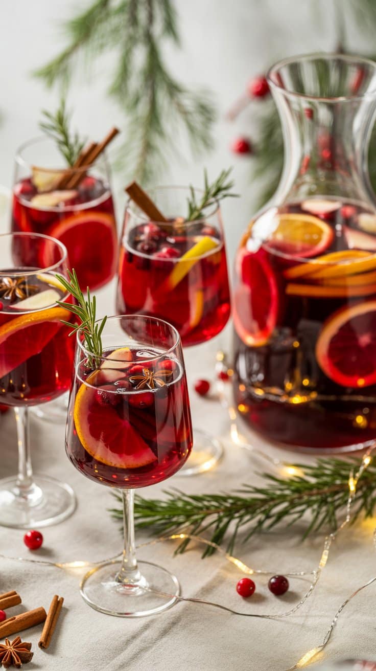 Cocktails festifs avec tranches d'agrumes et épices.