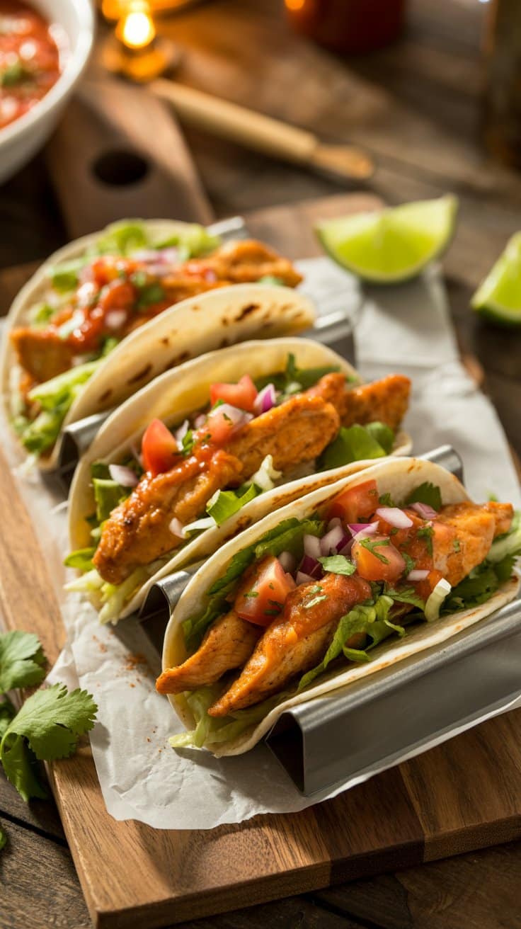 Tacos garnis de poulet, salade et tomate.