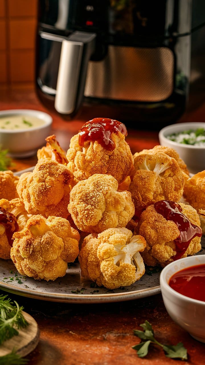 Choux-fleurs frits avec sauce à l'air fryer.