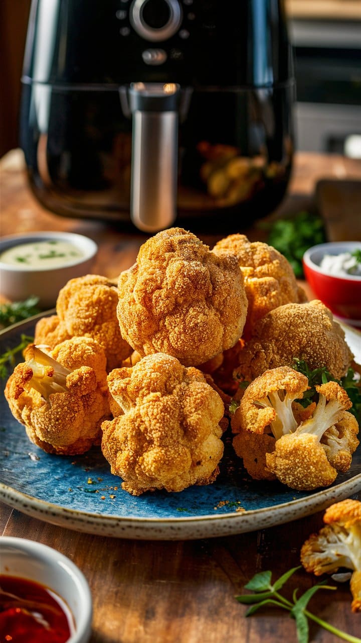 Chou-fleur frit dans friteuse avec sauces.