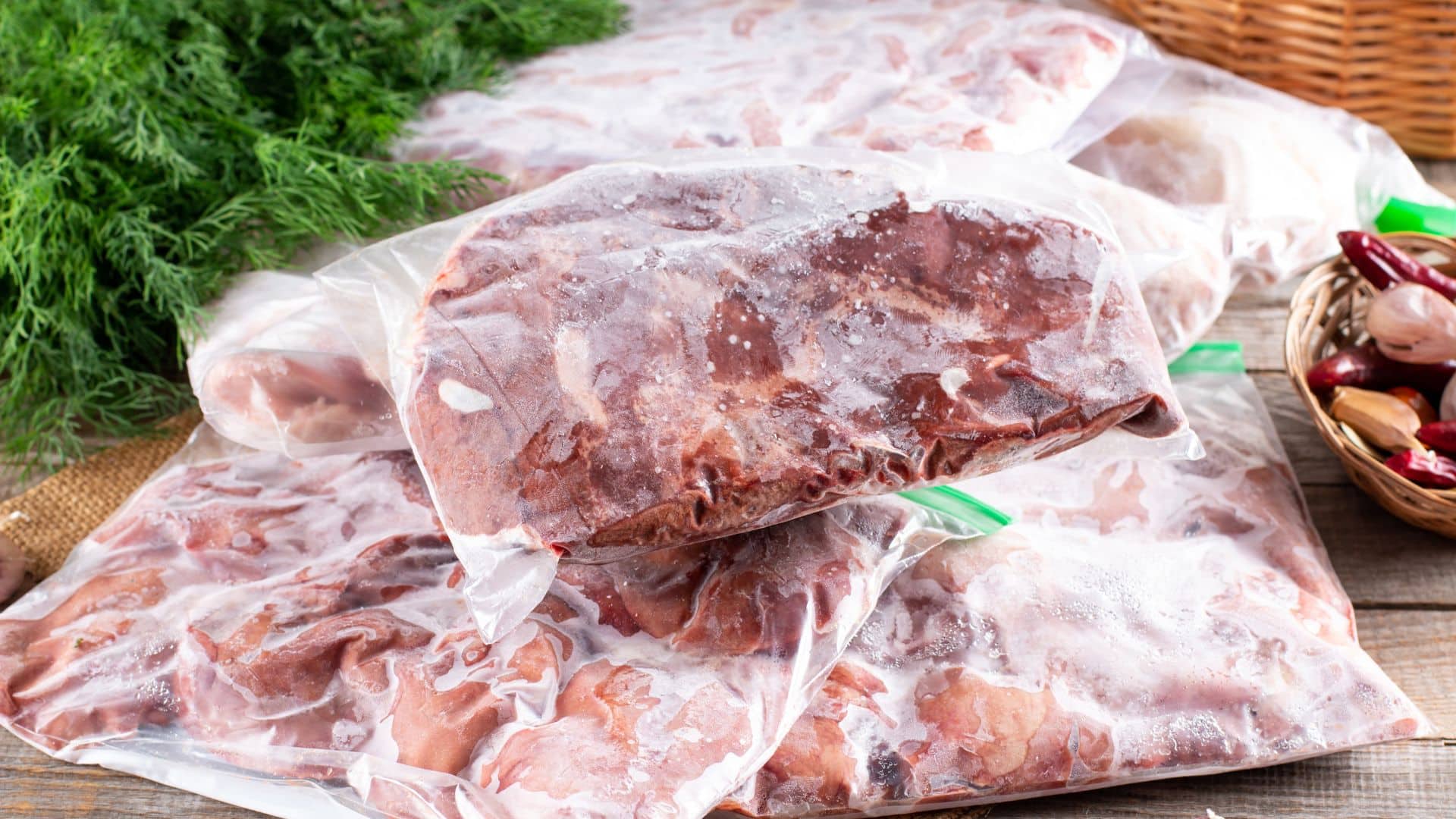 Sacs de viande congelée sur table en bois.