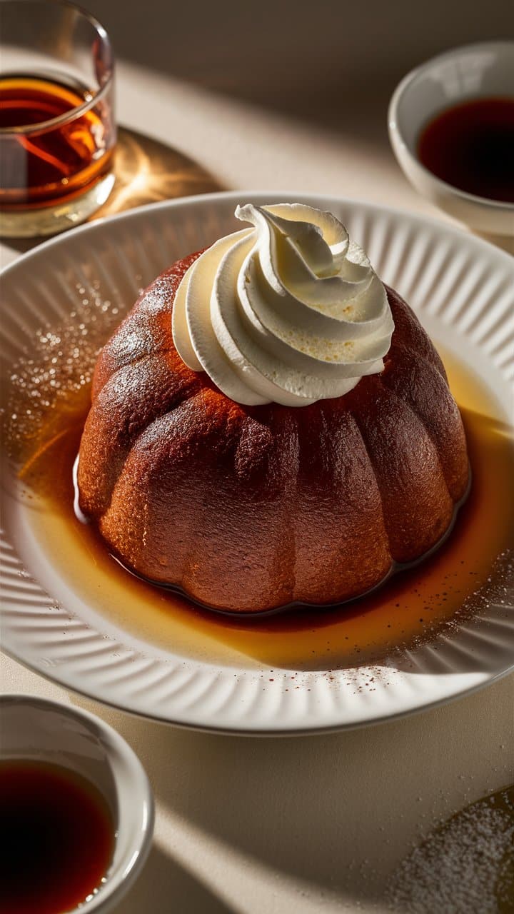 Savarin avec chantilly sur assiette blanche.
