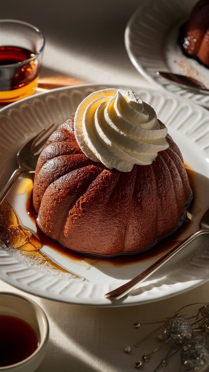 Baba au rhum avec chantilly sur assiette blanche.
