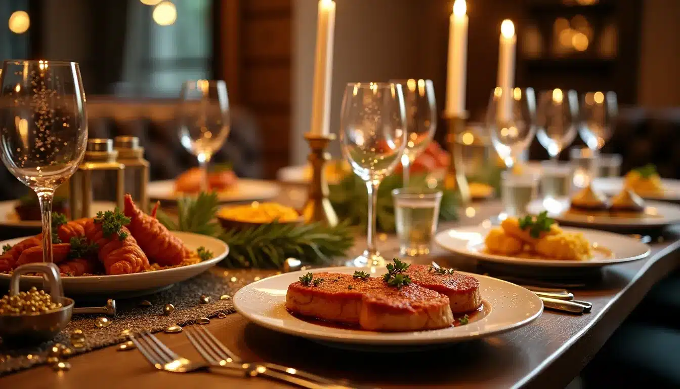 Table festive avec repas gastronomique et bougies